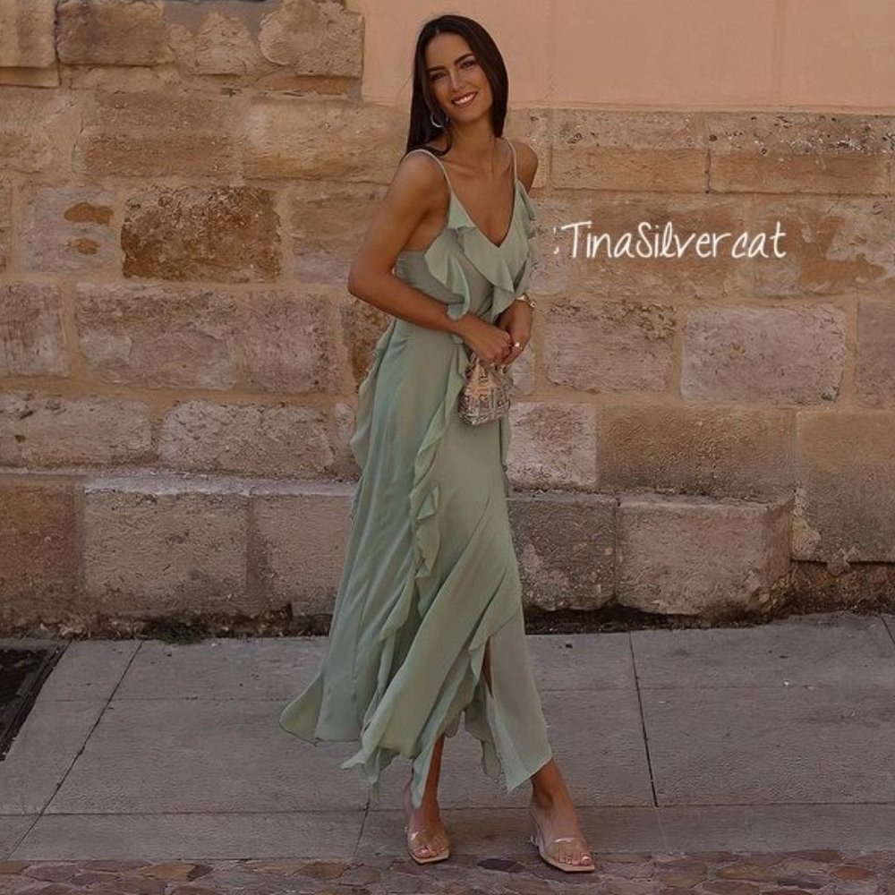 BLOGGER'S FAVE! Zara Long Ruffled Dress Sea Green NWT - Picture 4 of 17